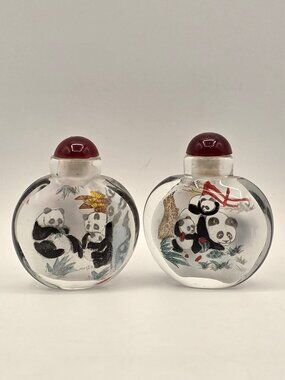 Vintage Panda Inside Painted Chinese Snuff Bottle Pair Asian Decor
